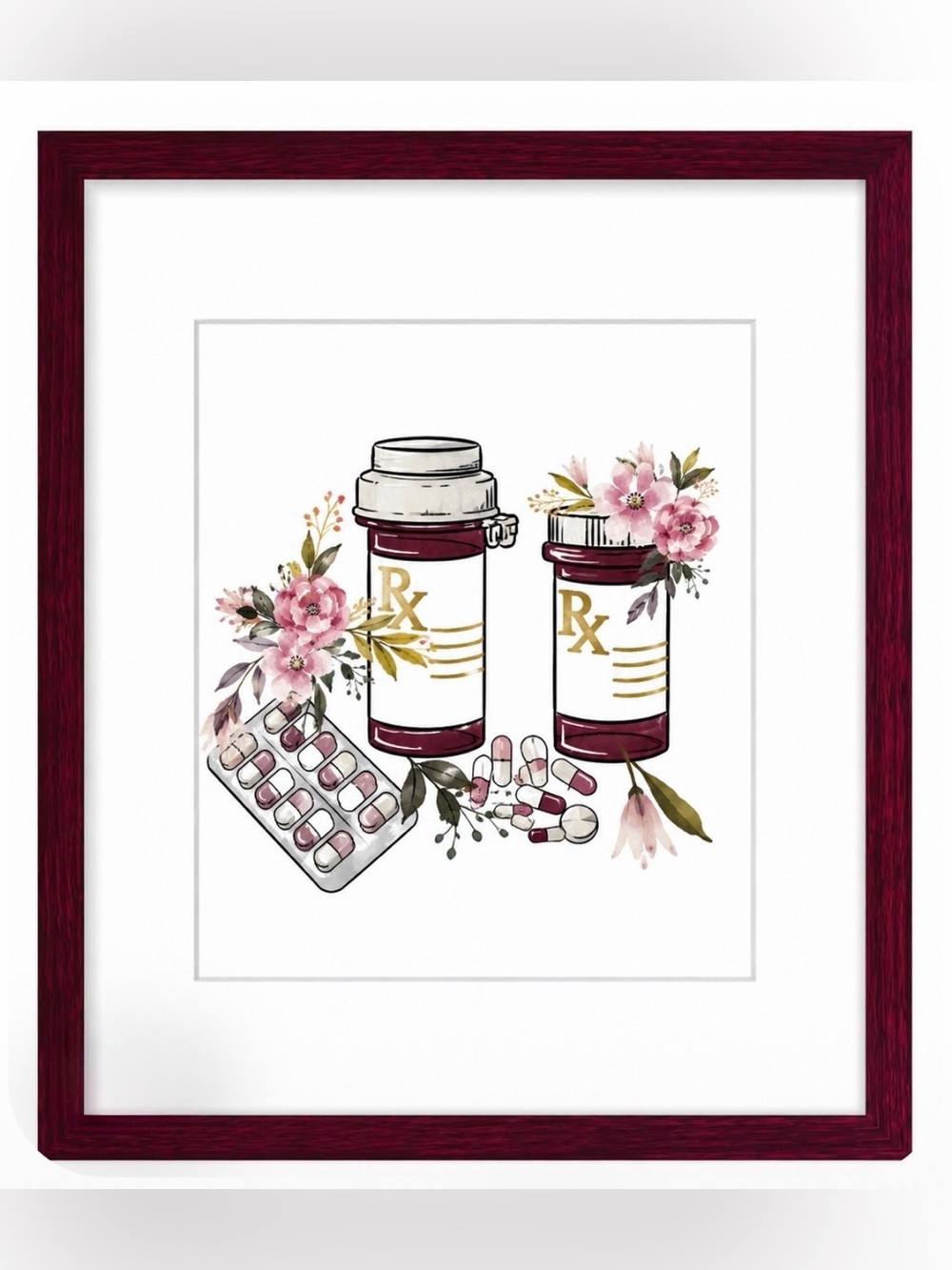 Floral Prescription Bottle Art Print - Burgundy & Gold Accents